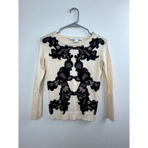 Diane Von Furstenberg Cream Sweater Womens Lace Appliqué 100% Wool Size P